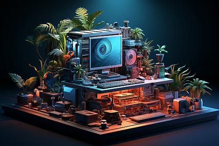 抱着机箱3d渲染的计算机工作场景设计图片